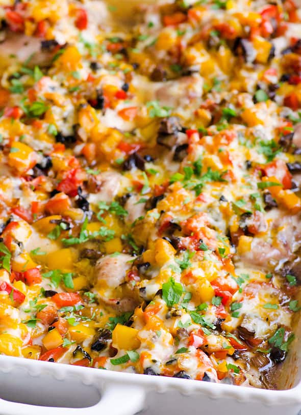 casserole dish of baked chicken and peppers
