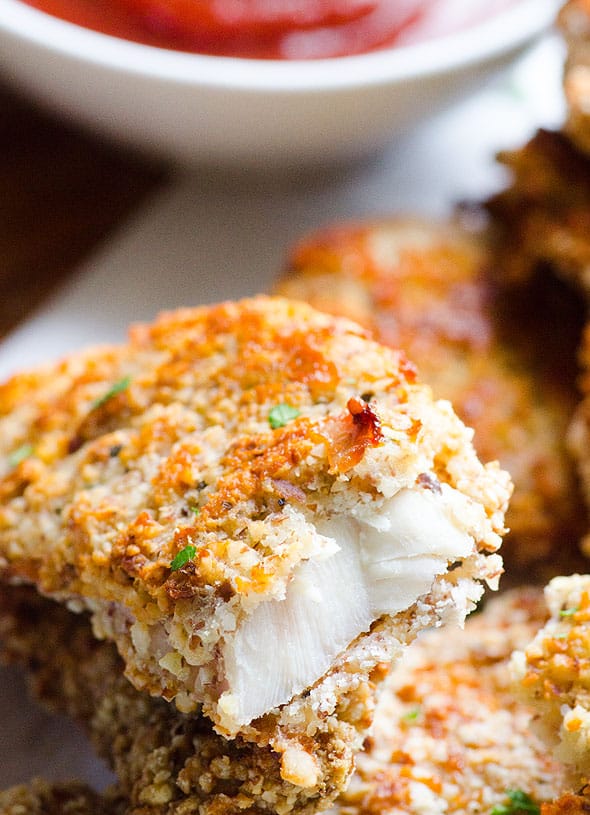 close-up of almond crusted chicken tenders