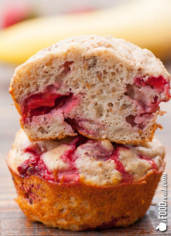 two stacked strawberry banana protein muffins