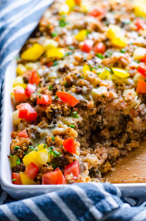 Ground turkey quinoa casserole in baking dish.