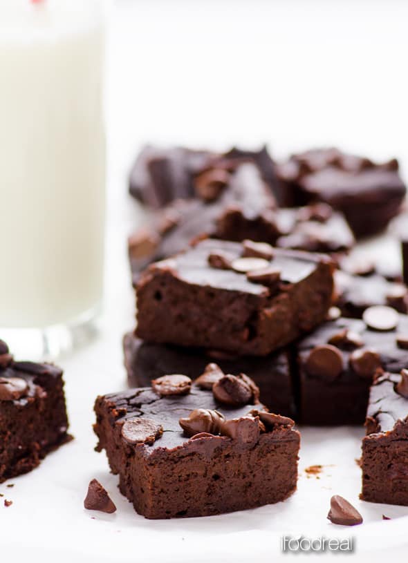 black bean brownies cut up with glass of milk