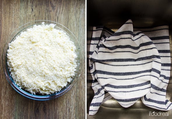 Cauliflower in a bowl and a bowl with a towel in it.