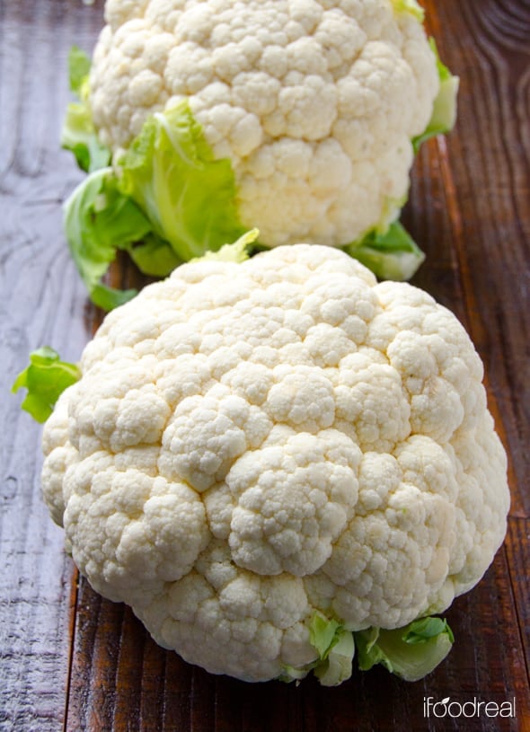 Two heads of cauliflower.