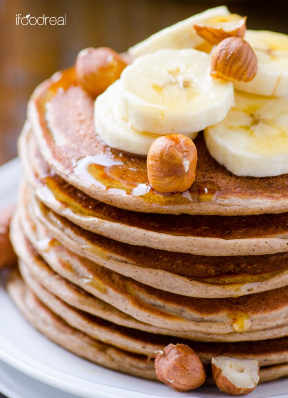 protein pancakes stack with fresh bananas