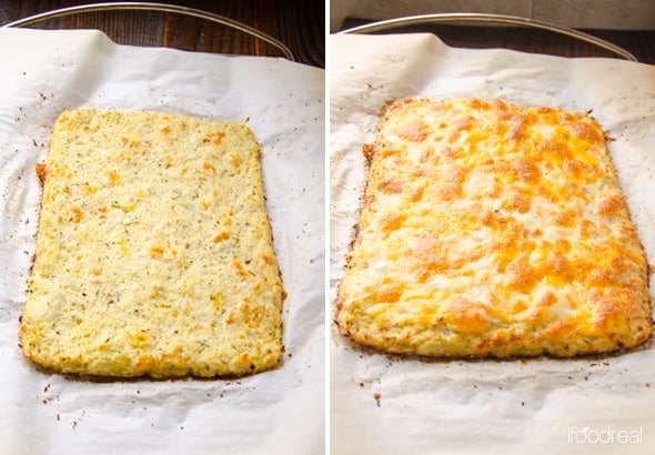 Cauliflower breadsticks baked plain on parchment then baked with cheese.