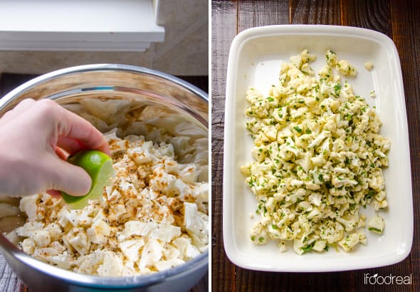 Squeezing lime into bowl of cauliflower and spices. Spreading into casserole dish. 