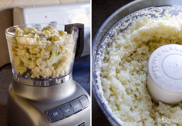 Cauliflower florets in food processor and processed into rice.