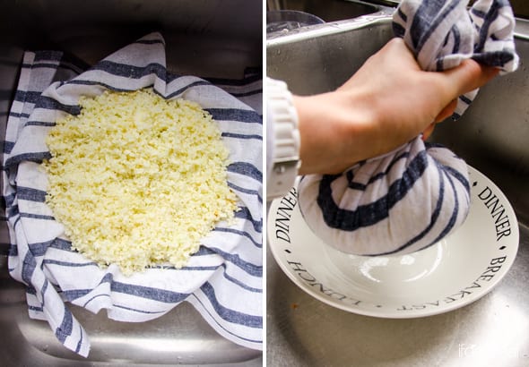 Riced cauliflower in linen towel. Then a hand squeezing the cauliflower in linen towel.