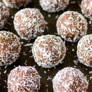 almond joy protein balls with coconut flakes