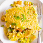 Healthy chicken pot pie with quinoa crust on a plate.