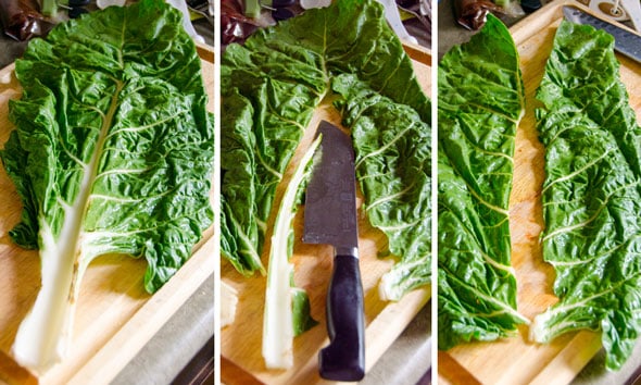 How to remove a rib from a Swiss chard leaf. 