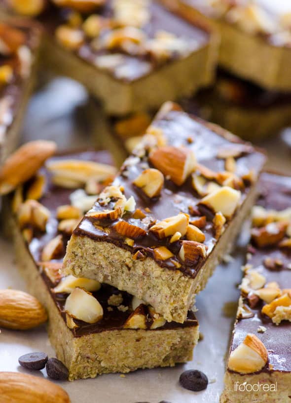 Close up of homemade protein bars with almonds.