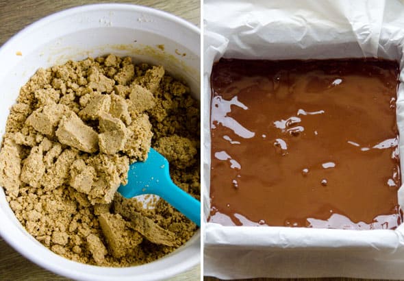 Protein bars dough in a bowl and then drizzled with chocolate bars in baking dish.