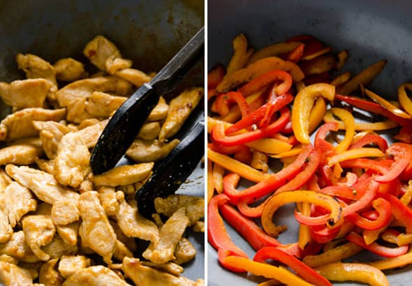 cooking chicken on skillet; cooking bell peppers on skillet