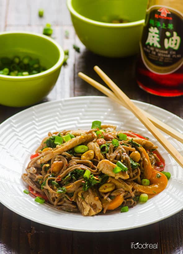 Peanut Chicken Soba Noodles served on white plate with chopsticks