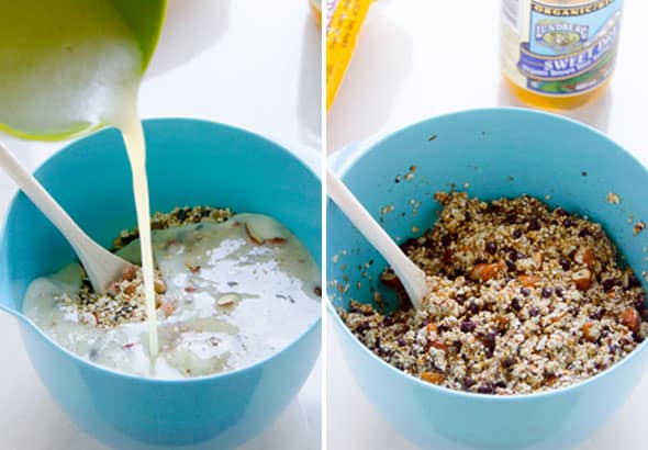 Mixing wet and dry ingredients together in blue bowl.