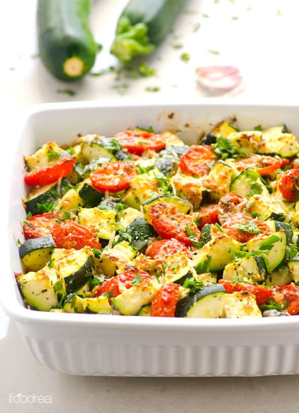 Zucchini tomato bake in baking dish.