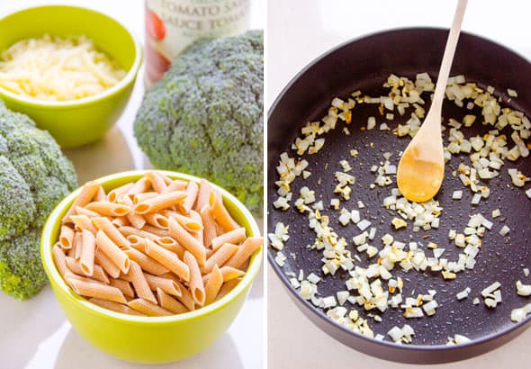 Broccoli, pasta and cheese in bowls. Onion in skillet.