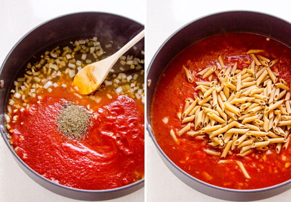 Onion, tomato sauce, dried herbs in skillet. Pasta added to sauce in pan.