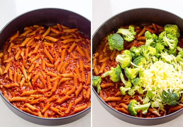 Sauce and penne noodles in pan. Broccoli and cheese with pasta and sauce.