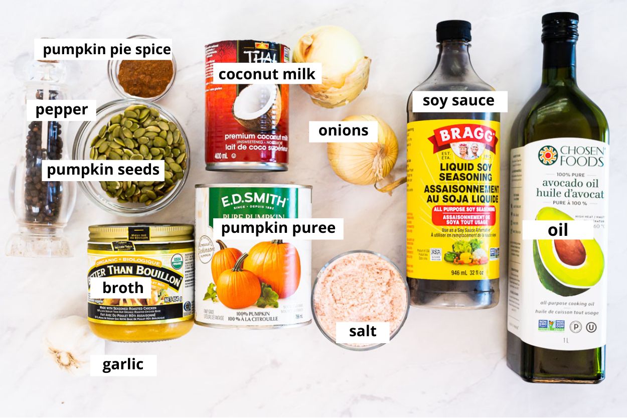 Pumpkin puree, coconut milk, onions, soy sauce, oil, garlic, broth, pumpkin pie spice, salt, pepper, pumpkin seeds.