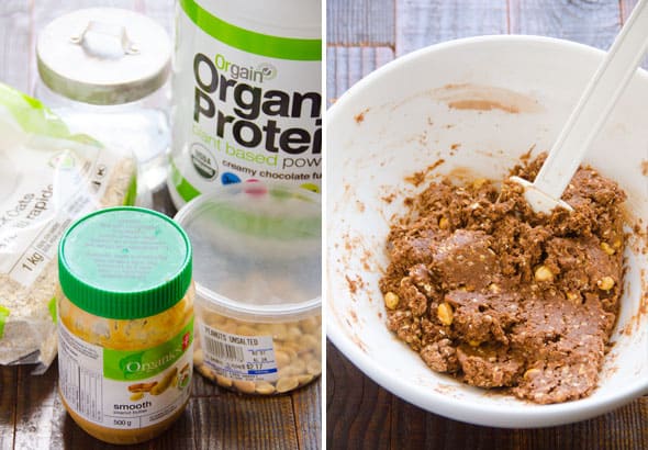 Peanut butter, protein powder, oats and peanut butter ingredients. Batter mixed together in a bowl.