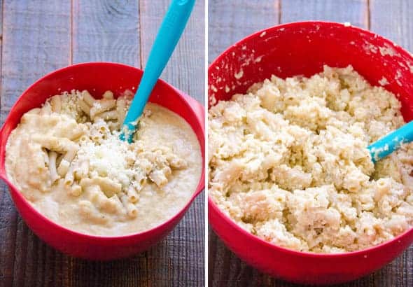 Red bowl with pasta and cauliflower mixture and sauce. Bowl with stirred ingredients with blue spatula.