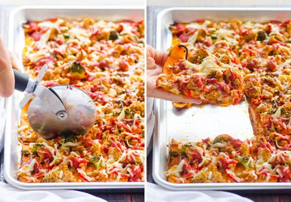 Sweet Potato Pizza being cut with pizza cutter; holding a slice of sweet potato pizza