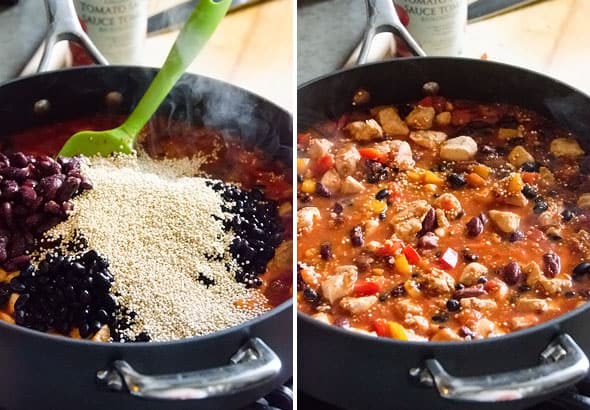 Adding all ingredients into one pan; All ingredients mixed together in pan 