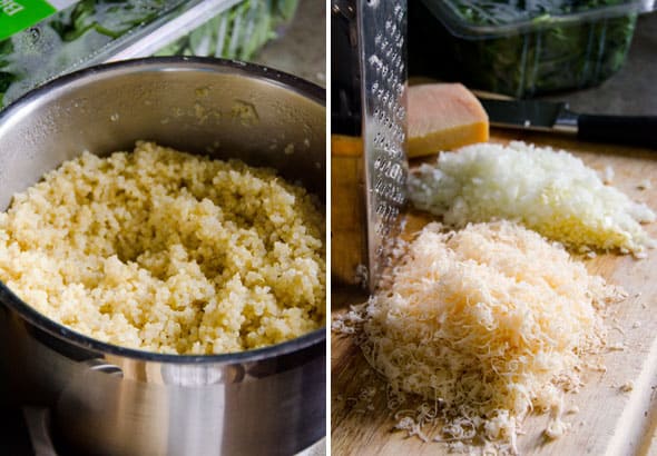 Pot of cooked quinoa; grated parmesan on cutting board with grater.