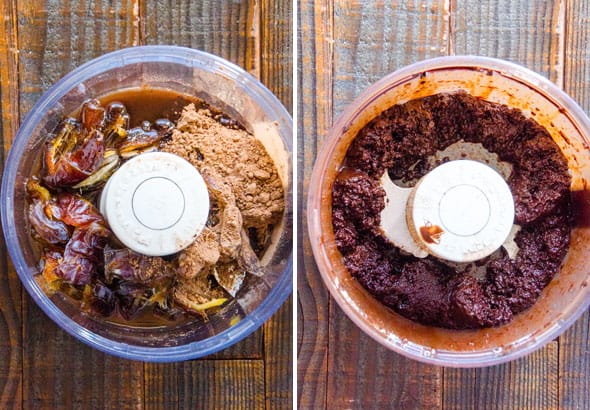 Overhead view of food processor with whole dates, cocoa powder. Right side mixed ingredients