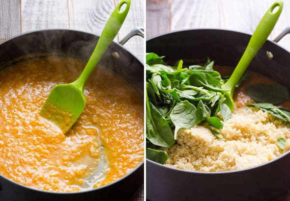 Pumpkin puree in skillet; addition of spinach and quinoa in skillet.