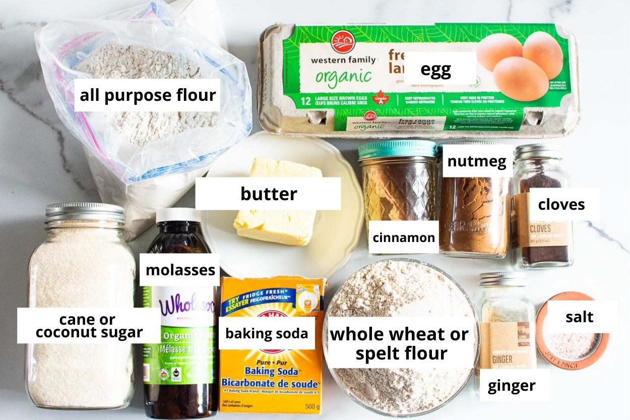 All purpose flour, whole wheat flour, eggs, butter, sugar, molasses, baking soda, cinnamon, nutmeg, cloves, ginger, salt.