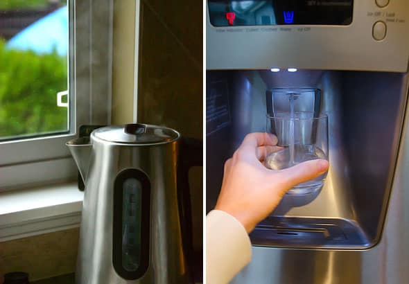 Boiling water in kettle and pouring filtered water from refrigerator into a glass.