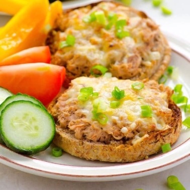 Healthy tuna melt and vegetables on a plate.