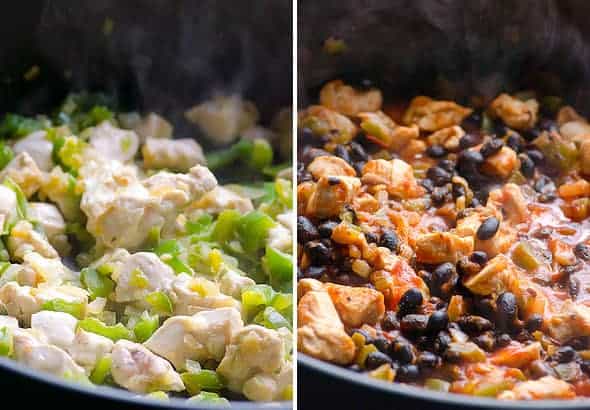 skillet with chicken and vegetables and sauce