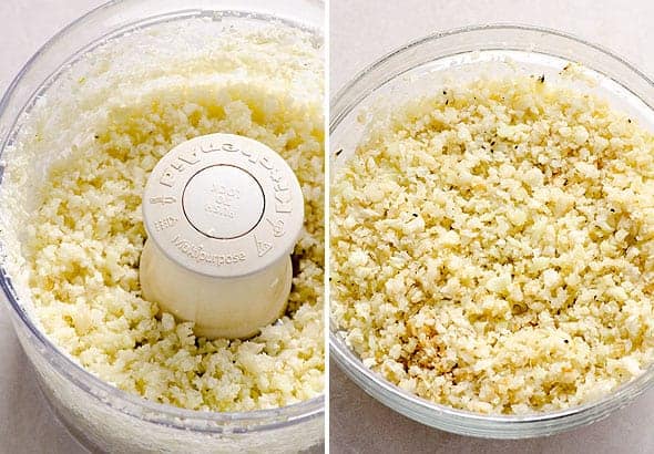 cauliflower rice in food processor; cauliflower rice in bowl