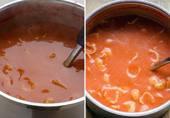 Homemade alphagetti pasta cooked in a pot with a little.