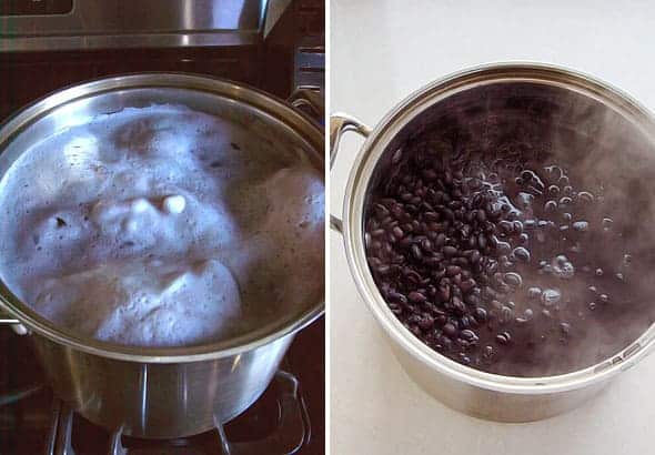 cooking beans on stove. Foam on top of pot