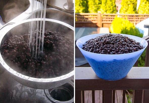straining back beans and rinsing; bowl of black beans