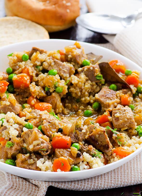 quinoa stew with beef in bowl