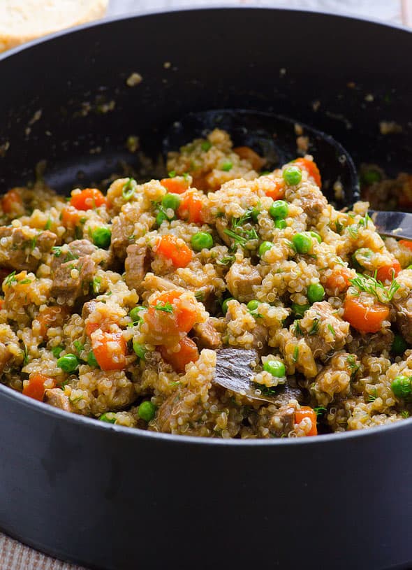 Quinoa Stew with Beef in skillet