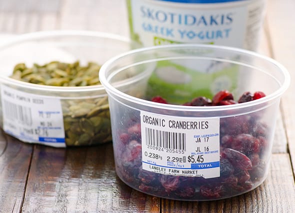 Container of organic cranberries, pumpkin seeds and greek yogurt