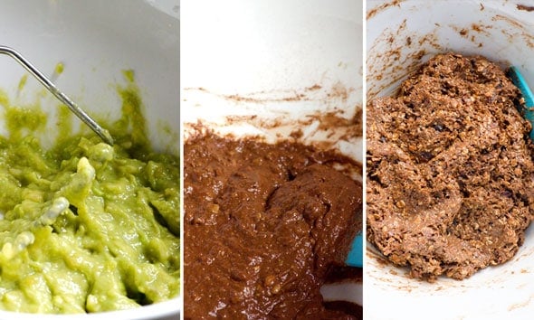 Mashed avocado, cacao powder and cacao nibs oats mixed in bowl.