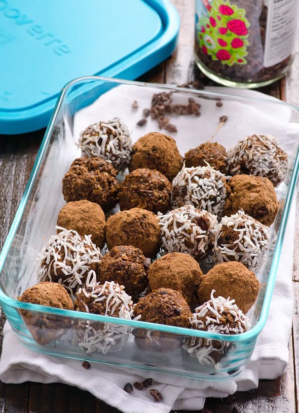 Brownie bites rolled into a ball then dusted with cacao powder or with coconut flakes.