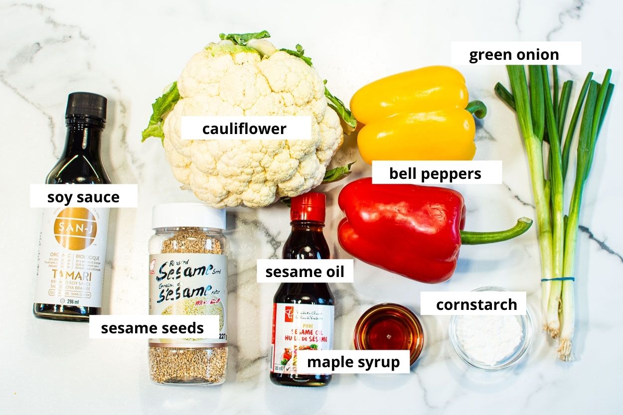 Cauliflower bell peppers green onion soy sauce ingredients.