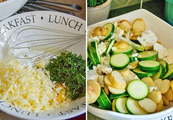 Whisking egg, greek yogurt, dill, garlic salt and pepper in a bowl. Another bowl of added potato, zucchini and cauliflower