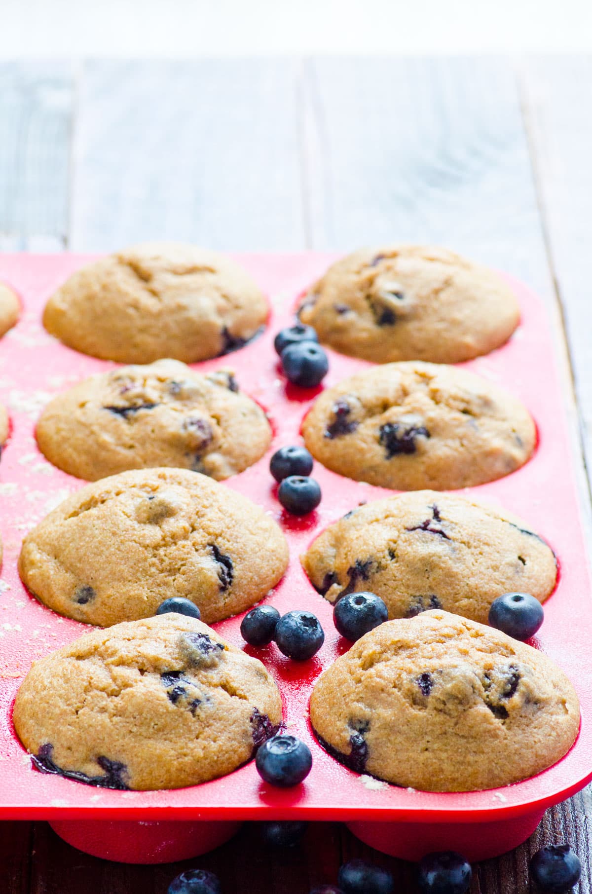 Healthy blueberry muffins in a red silicone muffin tin with fresh berries around them.