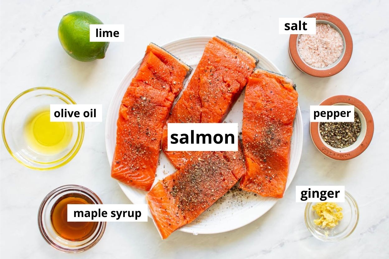 Salmon, lime, ginger, salt, pepper, olive oil and maple syrup.