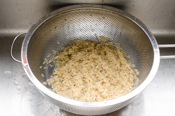 brown rice in colander